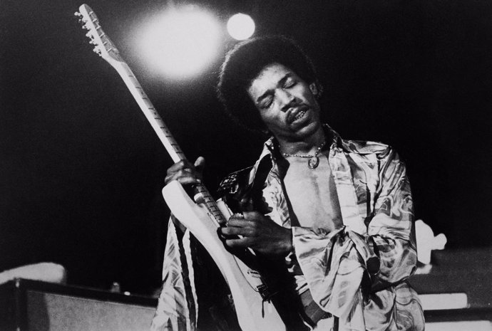 American guitarist Jimi Hendrix on stage.