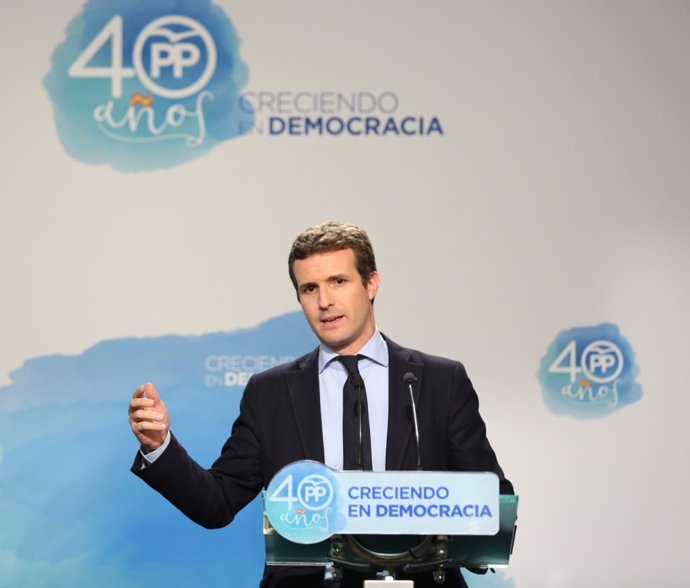 Rueda de prensa de Pablo Casado en la sede del PP