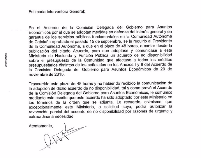 Carta del ministre Montoro a la interventora general de la Generalitat