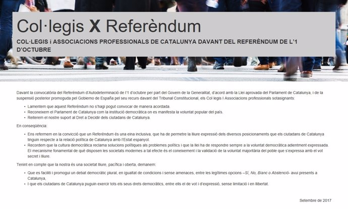 Imagen del manifiesto de colegios profesionales catalanes a favor del 1-O