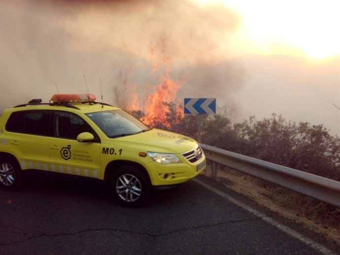 Bomberos trabajan en el incendio de Tejeda, en la isla de Gran Canaria.