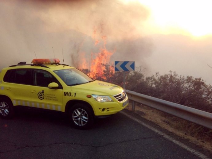 Bomberos trabajan en el incendio de Tejeda, en la isla de Gran Canaria.