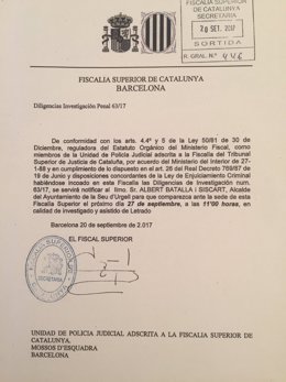 La Fiscalia Superior cita l'alcalde de La Seu Albert Batalla pel referèndum