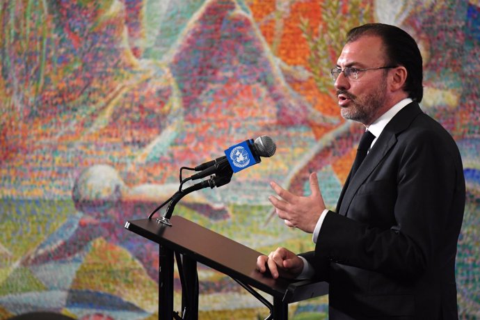 Mexican Secretary of Foreign Affairs Luis Videgaray Caso gives remarks to the me