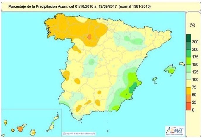 Distribución de lluvias acumulada en España hasta el 19 de septiembre