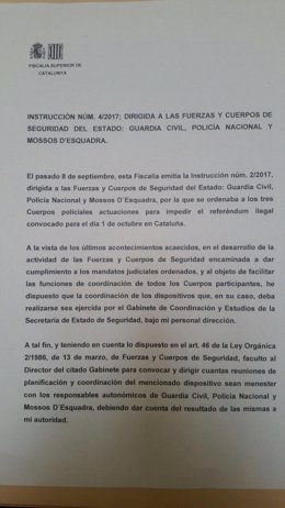 Instrucción de Fiscalía entregada a los mandos policiales sobre Diego De los Cob