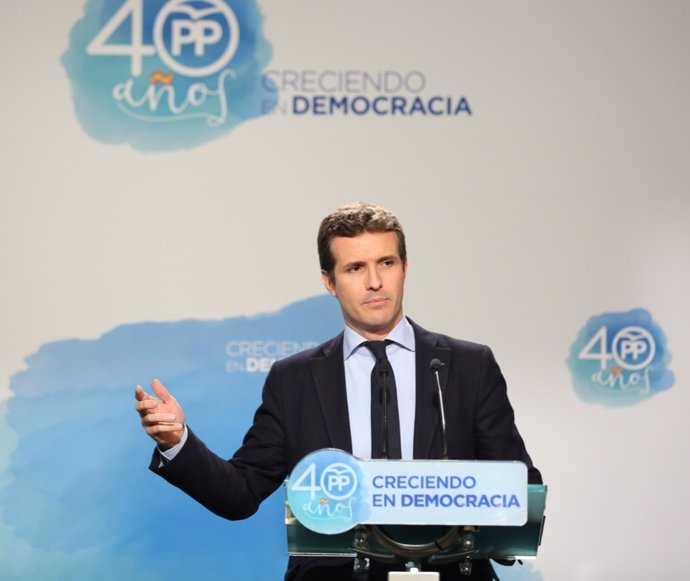 Rueda de prensa de Pablo Casado en la sede del PP