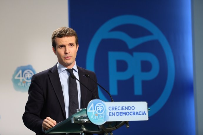 Rueda de prensa de Pablo Casado en la sede del PP