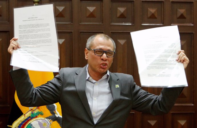 Ecuador's Vice President Jorge Glas gives a news conference after he was relieve