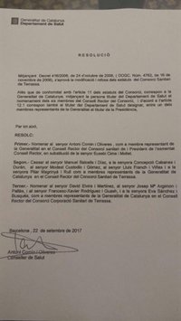 Salud releva presidencias y altos cargos de consorcios sanitarios antes del 1-O