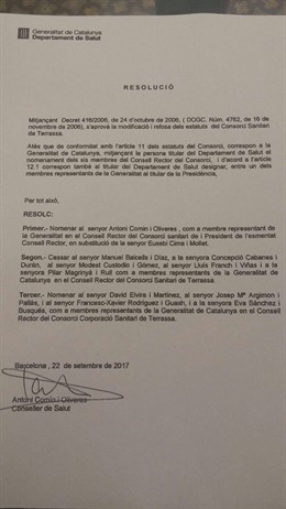 Documento de relevo de la presidencia del Consorci de Salut de Terrassa