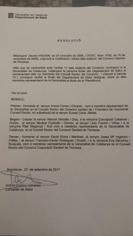 Document de relleu de la presidència del Consorci de Salut de Terrassa
