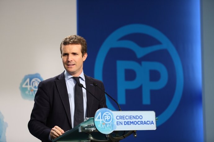 Rueda de prensa de Pablo Casado en la sede del PP