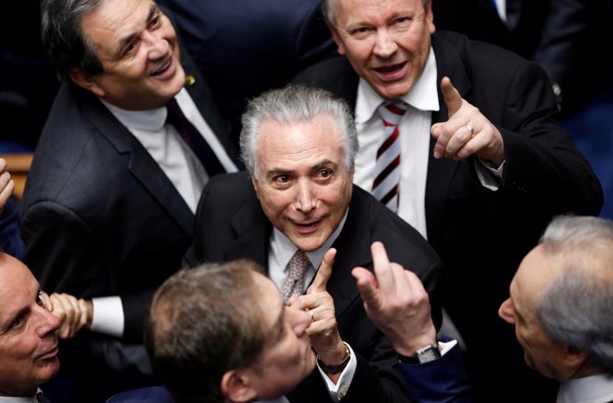 Brazil's new President Michel Temer reacts during the presidential inauguration 