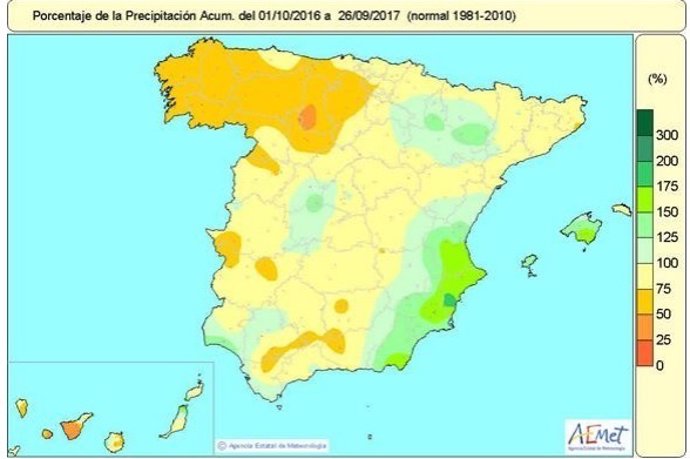 Mapa de lluvias en España en el año hidrológico 2016-2017 hasta el 26-09-2016