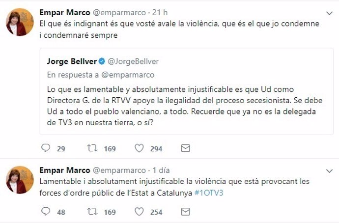 Tuits entre Empar Marco y Jorge Bellver 