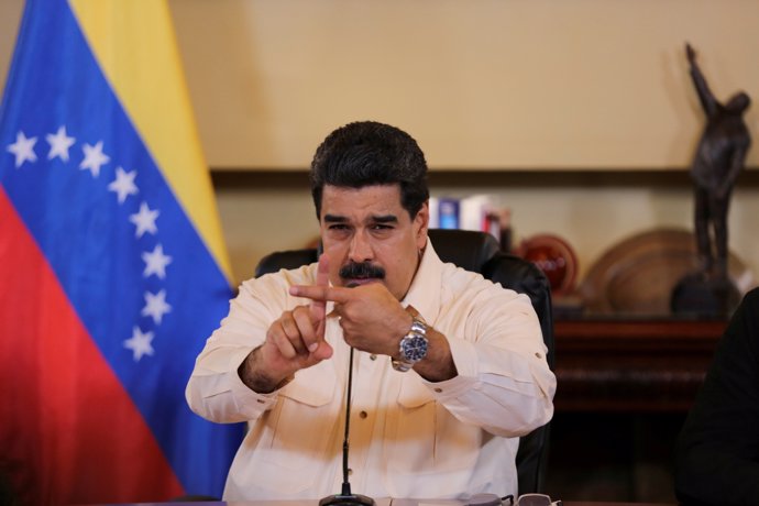 Venezuela's President Nicolas Maduro speaks during a meeting with ministers and 