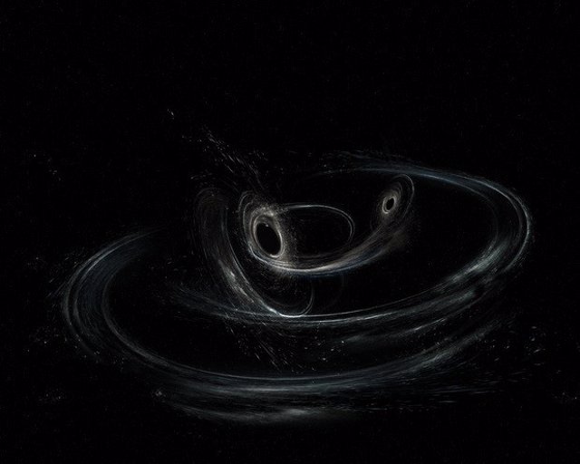 Impresión artística de agujeros negros en fusión