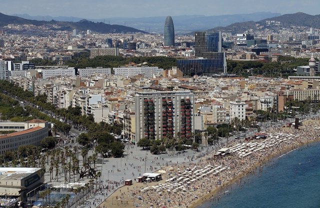 A view of Sant Sebastia and Sant Miquel beaches in Barceloneta neighborhood in B