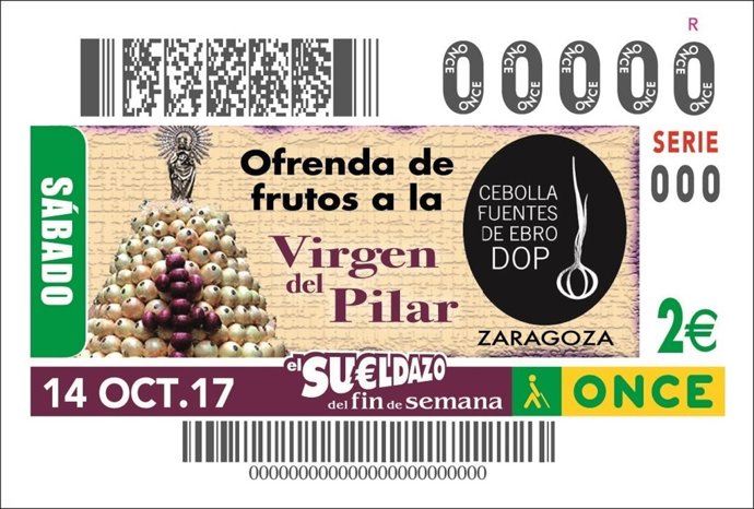 Cupón de la ONCE dedicado a la 'Ofrenda de Frutos' a la Virgen del Pilar