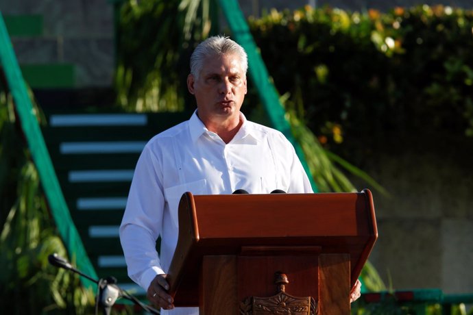 Cuba's First Vice President Miguel Diaz-Canel speaks during a ceremony commemora