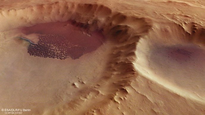 Campo de dunas en un cráter en Marte, vista en perspectiva