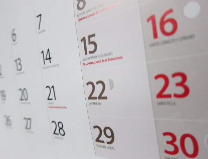 Calendario laboral, fiestas, festivos, día laborable, almanaque