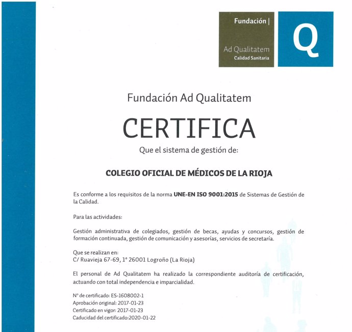 Certificado ISO del Colegio de Médicos