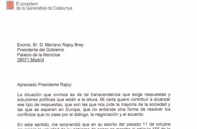 Carta del pte.C.Puigdemont al pte.M.Rajoy como respuesta al requerimiento.