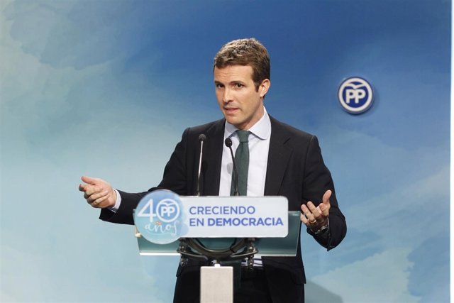 Rueda de prensa de Pablo Casado en la sede del PP