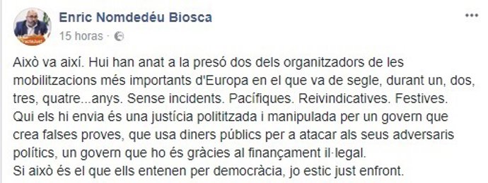 Mensaje en el Facebook de Enric Nomdedéu
