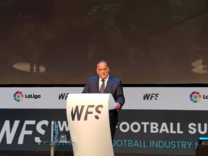 Javier Tebas en su ponencia en el World Football Summit