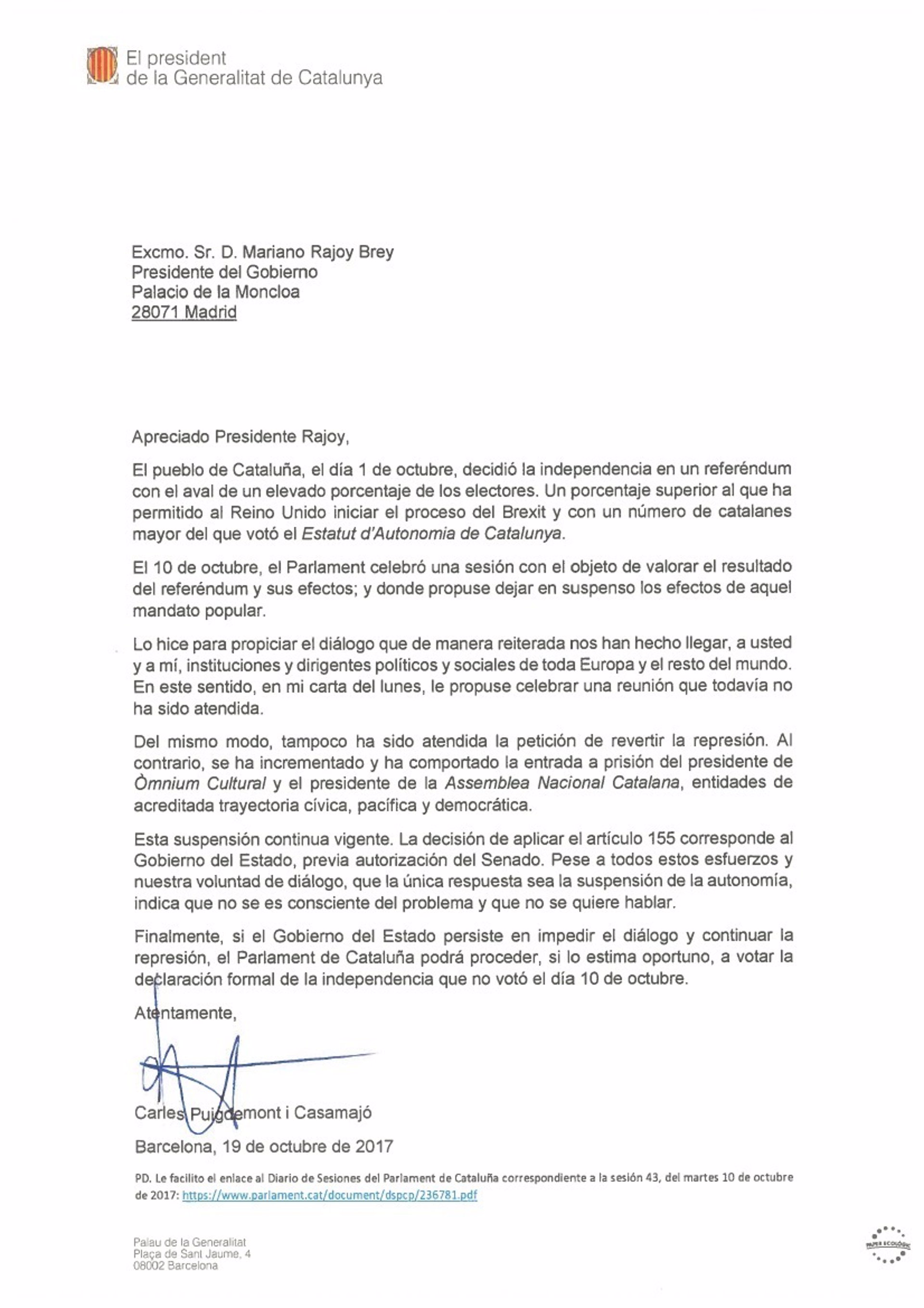 Texto íntegro de la carta de Carles Puigdemont al Gobierno