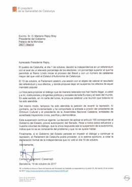 Respuesta de Carles Puigdemont al requerimiento de Mariano Rajoy sobre el 1-O