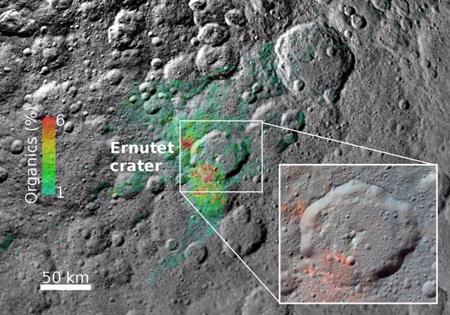 Distribución de orgánicos en un cráter de Ceres