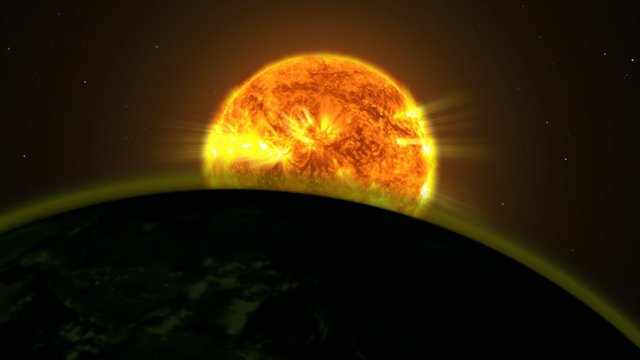 Una estrella ilumina la atmósfera de un planeta cercano