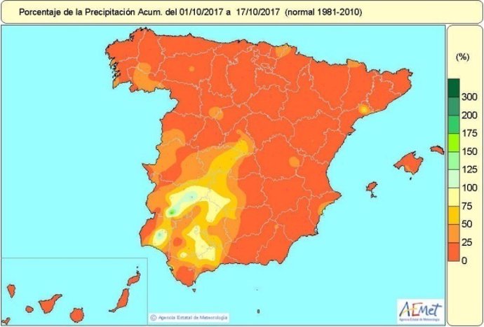 Mapa de precipitaciones acumuladas en España hasta el 17 de octubre