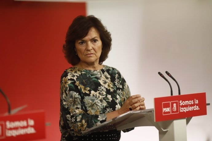 Carmen Calvo en roda de premsa a la seu del PSOE