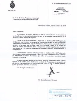 Notificación del Senado al Pte. De la Generalitat C.Puigdemont