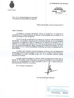 Notificació del Senat al Pres. De la Generalitat C.Puigdemont