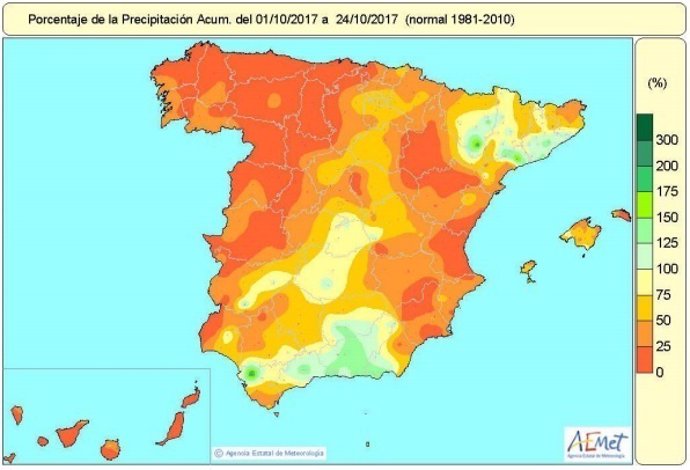 Las lluvias acumuladas, un 57% por debajo del nivel normal hasta el 24-10-2017