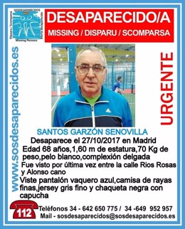 Hombre de 68 años desaparecido en Madrid