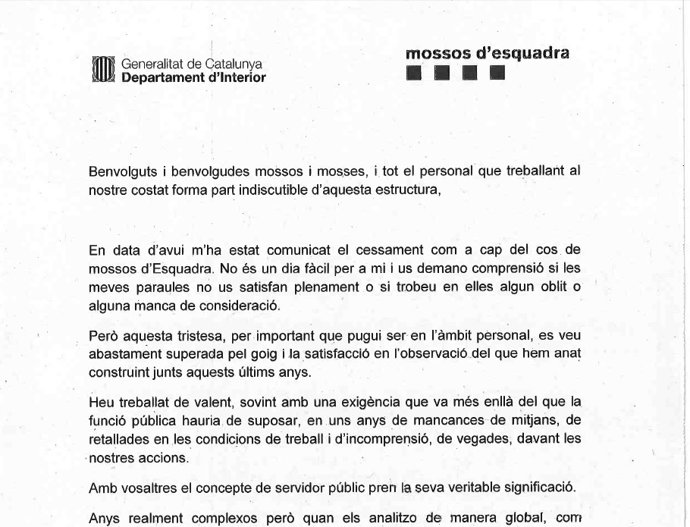 La carta de comiat del fins ara major dels Mossos J.ll.Trapero.