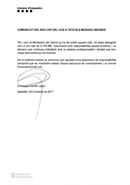 Carta de Ferran López com a nou comissari cap de Mossos