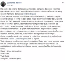 Willy Toledo critica en Facebook la destitución de David Rodríguez  de EUPV