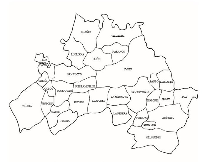 Mapa cola toponimia d'Uviéu.