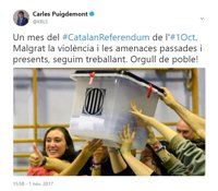 Puigdemont recuerda el 1-O un mes después de su celebración: "¡Orgullo de pueblo!"