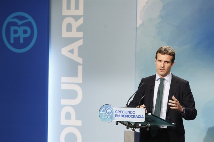 Rueda de prensa de Pablo Casado en la sede del PP