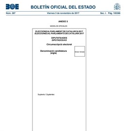 Papeleta de las elecciones en Cataluña publicada en el BOE