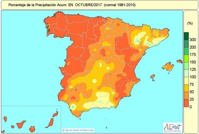 Mapa de lluvias acumuladas en España durante el mes de octubre